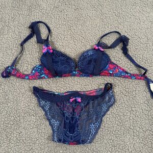 Aubade Paris Bra Panties Lingerie Set Navy Blue Pink Lace Push Up 32B XS